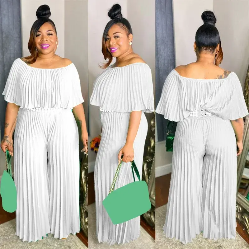 WUHE Pleated Women Plus Size Jumpsuit Ruffless Sexy One Shoulder Slash Neck Loose Wide Leg Pants Fashion Summer Overalls
