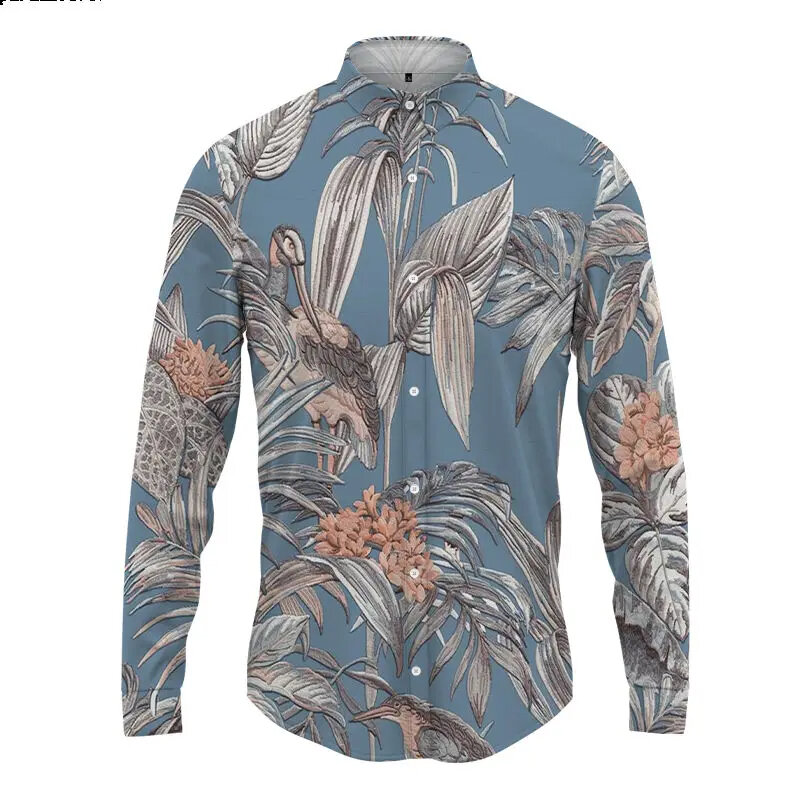 Camisa havaiana estampada 3D masculina, blusa de manga comprida, tops de férias, camiseta extragrande, roupas Harajuku, roupa de lapela