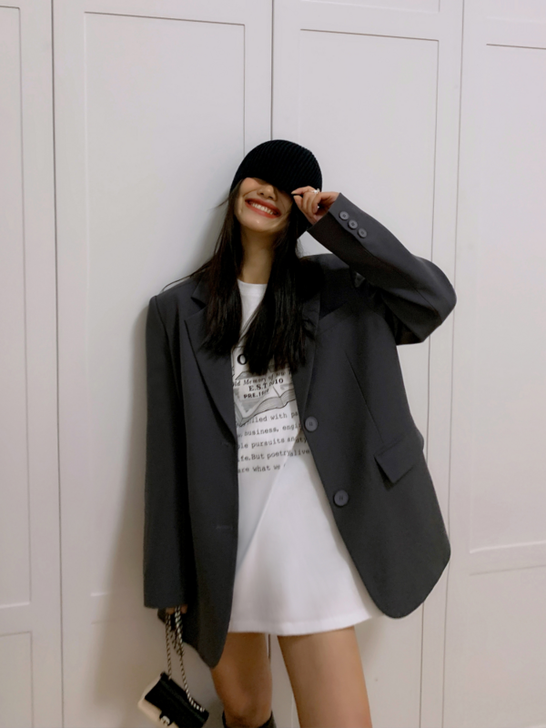 여성용 블랙 긴 소매 정장 재킷, 뒤트임 블레이저 코트, 한국 패션, 오피스 레이디, 2023 봄 가을