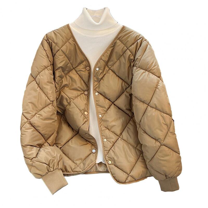 Einreiher mantel Winter-Baumwoll mantel für Damen mit einreihigem V-Ausschnitt, gepolstert, warm, weich, einfarbig, langärmlig, locker