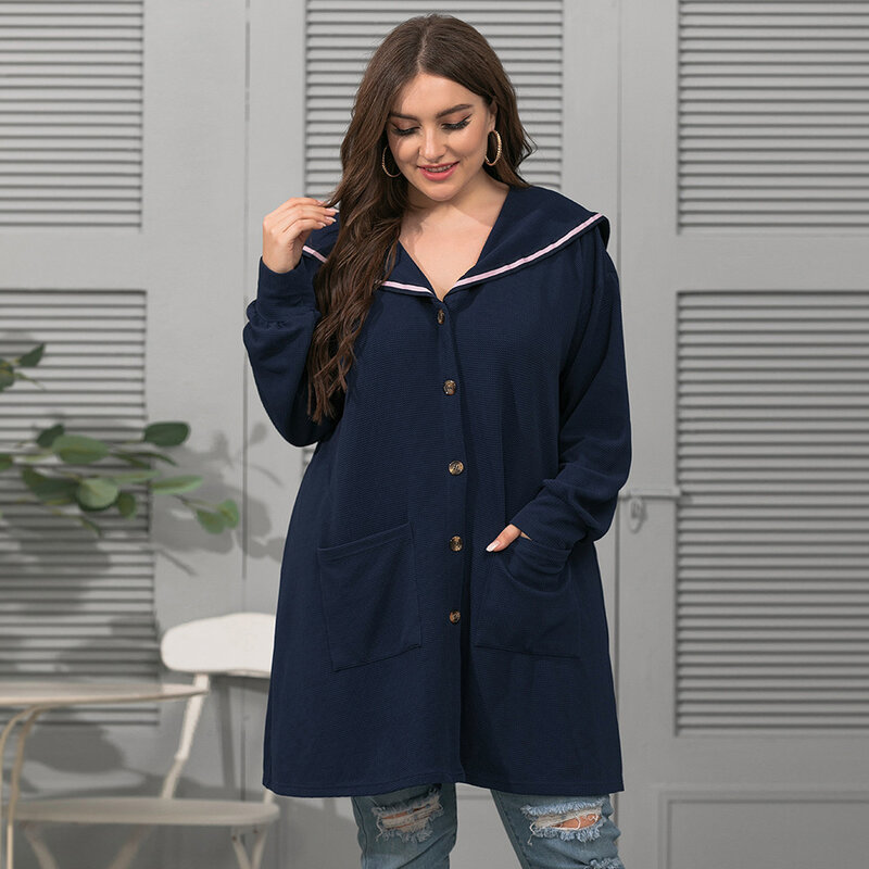 Plus Size Women Cardigan Jacket Autumn 2023 Fashion Navy Collar Double Pocket Loose Solid Color Long Sleeve Coat Dress Casual