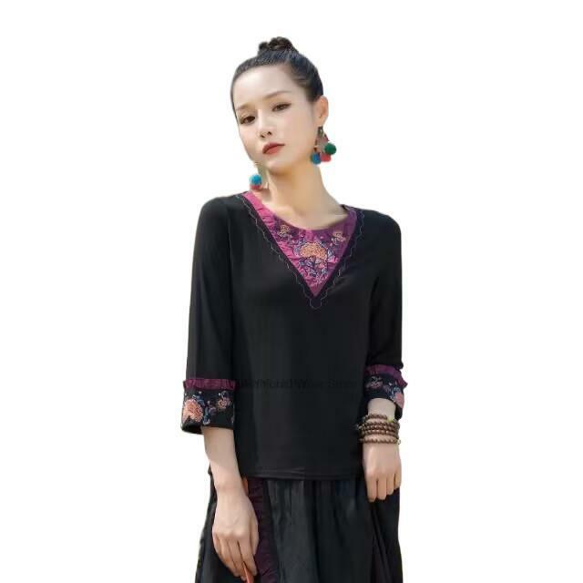 เสื้อสไตล์จีนโบราณย้อนยุคเสื้อกี่เพ้าปักลายดอกไม้โบราณของผู้หญิงเสื้อศิลปะชาตะวันออก Hanfu