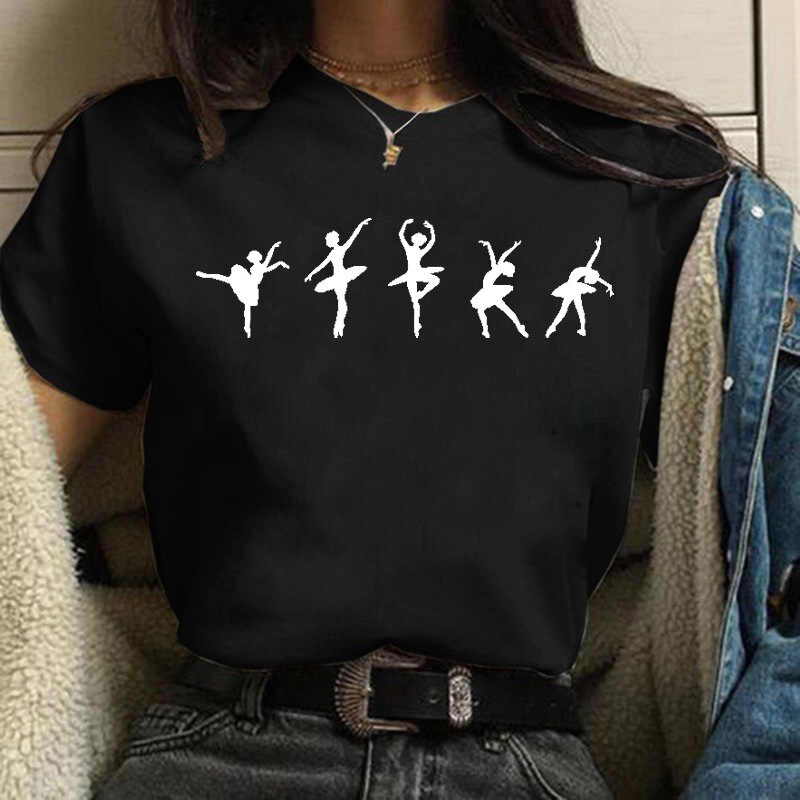 Cotton 100% Ballet Black T-shirt Vintage Black Ballet Print Casual Top for Women Base for Women American Oversized T Shirt Tops