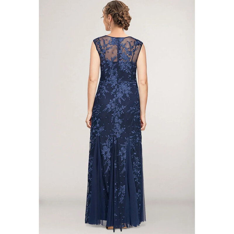 Vestido de talla grande para madre de la novia, maxivestido azul marino con costuras de encaje y cola de pez