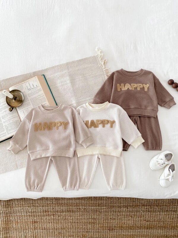 2024 Spring New Baby Long Sleeve Clothes Set Boy Girl Casual Letter Sweatshirt + Pants 2pcs Suit Waffle Infant Toddler Outfits
