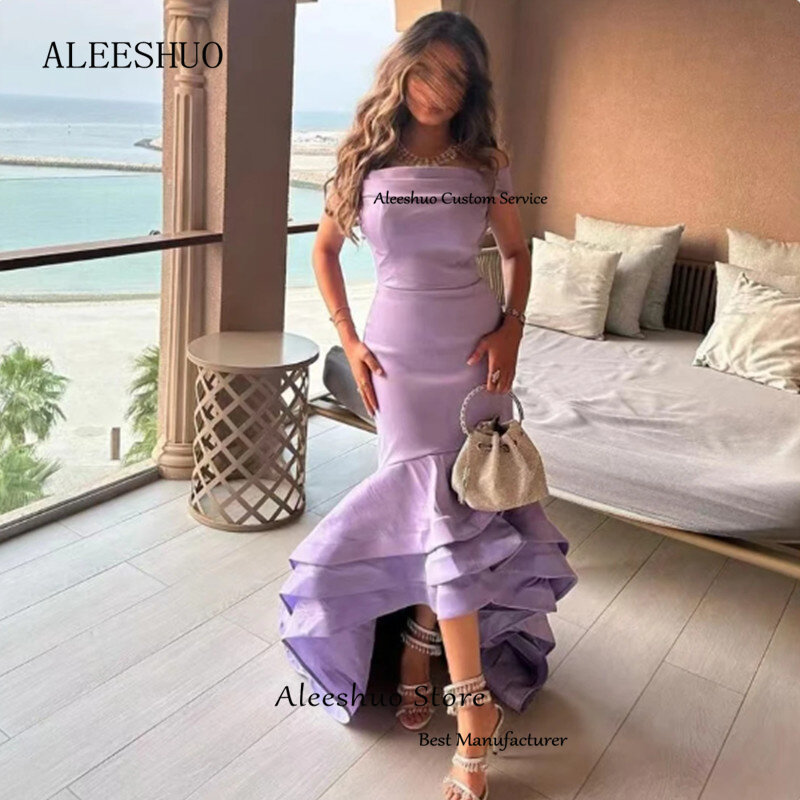 AleeshuoPrincess Mermaid Dubai Arabia Prom Dress Off The Shoulder Formal Occasions High/Low Evening Dress Tea-Length Party Dress