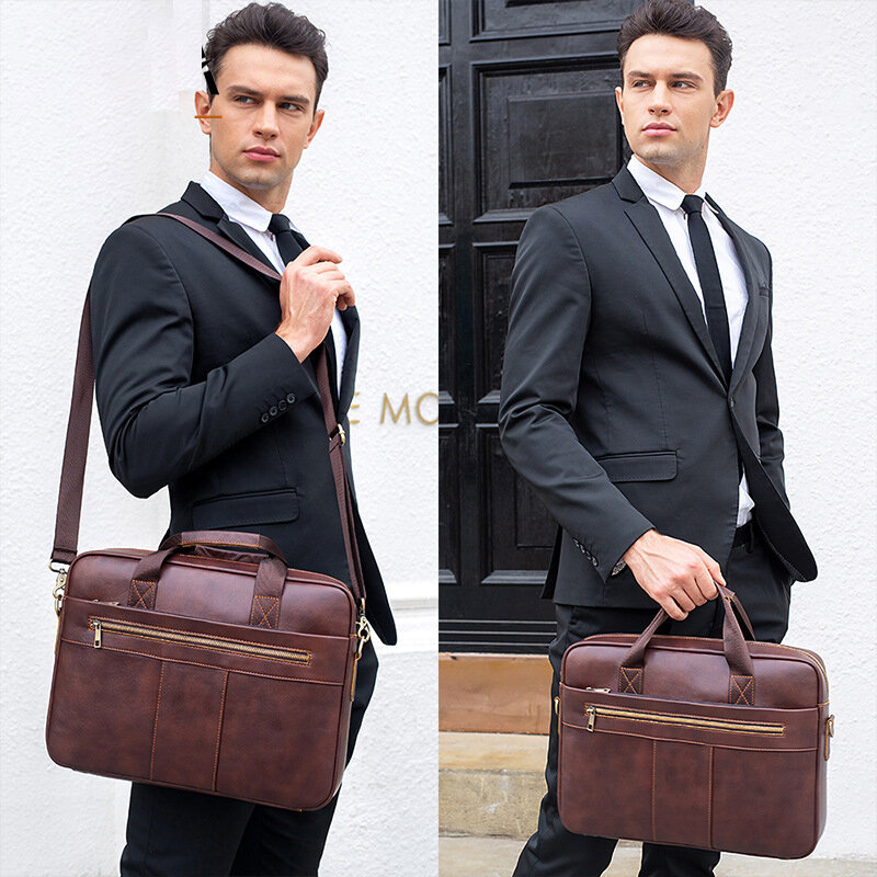 Genuine Leather Men's Briefcase Business Men's Bag, Top Layer Shoulder Bag, Cowhide Laptop Bag, Large Capacity Crossbody Bag