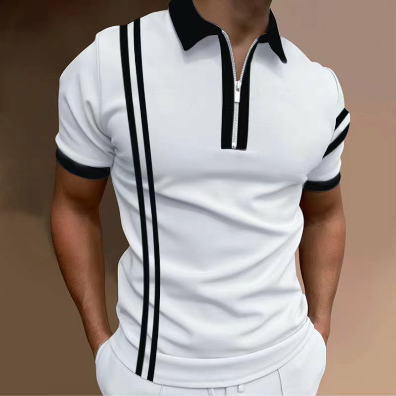 High Quality Summer Men Tees Polo Shirts Striped Casual Short Sleeve Mens Shirts Turn-Down Collar Zipper Patchwork Polo Shirt