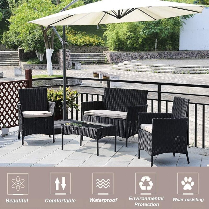 FDW Rattan cadeiras de vime Conjuntos Conversa, cadeiras pretas, uso ao ar livre e interno, quintal, gramado, varanda, jardim, varanda