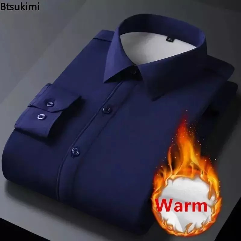 2024 nuova camicia calda a maniche lunghe autunno inverno per uomo moda Slim spessa in pile Business Casual Dress Shirt uomo camicia formale 5XL