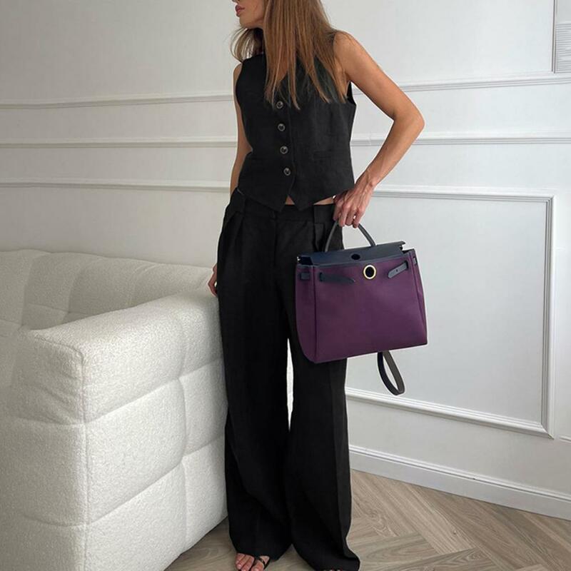 Wide-leg Pants Suit Women Two-piece Suit Women's Sleeveless V-neck Vest Straight Trousers Set with Elastic Waist Side for Daily