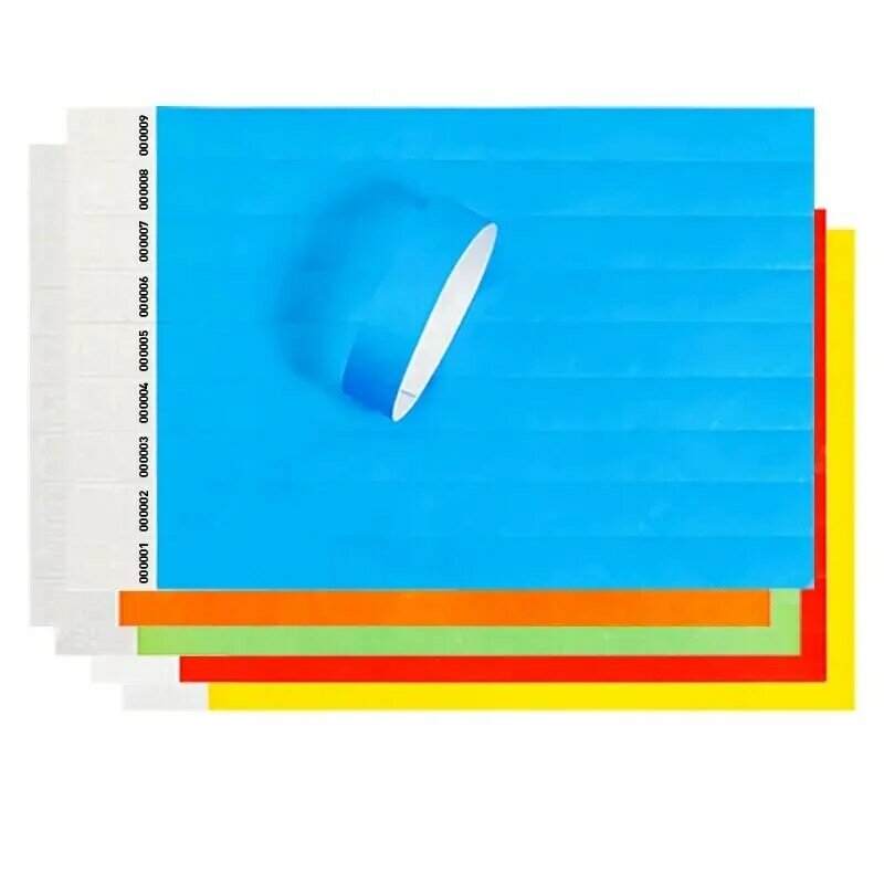 Duband-pulsera con número de serie 1000 tyvek, brazalete de papel de colores para eventos, impresión Simple a baja temperatura de logotipos negros