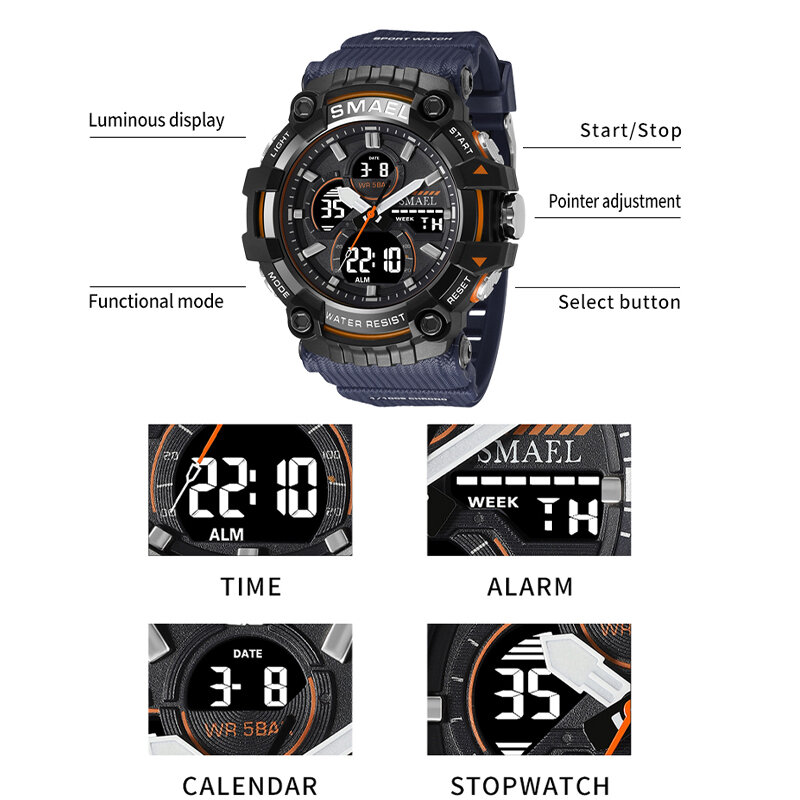 SMAEL-reloj deportivo para hombre, cronógrafo de cuarzo, resistente al agua, pantalla de doble hora, militar, verde, 8079