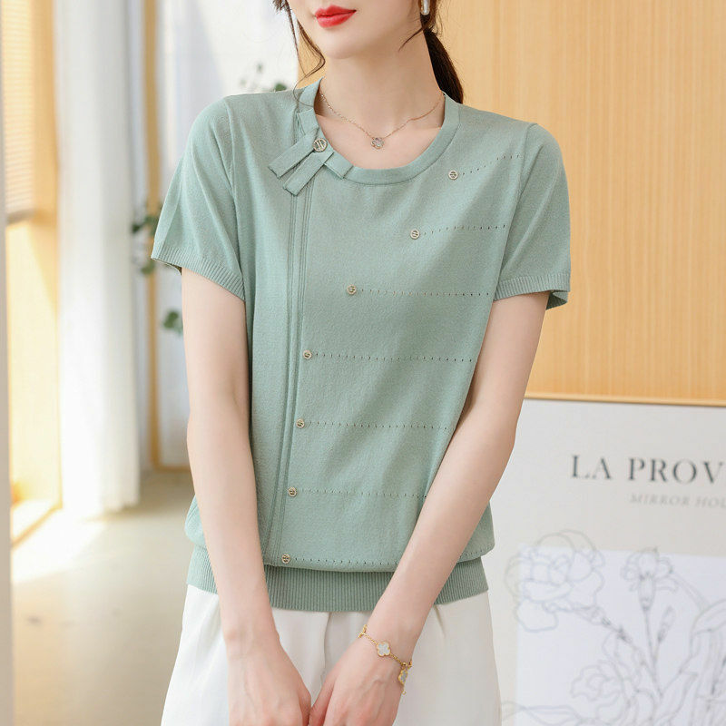 Temperament Summer Women's Solid Color Round Neck Diamonds Hollow Out BowIce Silk Fabric Fashion Short Sleeve Loose Knitting Top