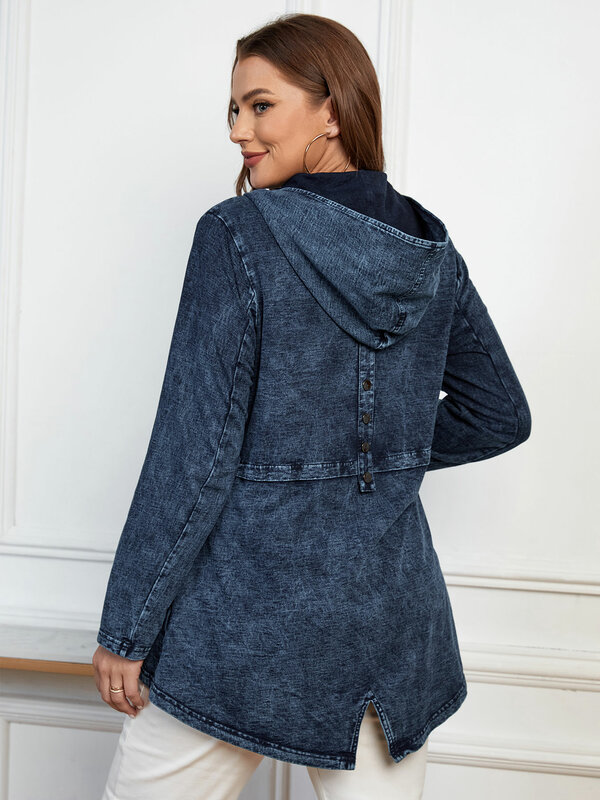 LIH HUA 여성용 플러스 사이즈 데님 재킷, 캐주얼 하이엔드 스트레치 니트 데님 재킷, 어깨 패드 포함