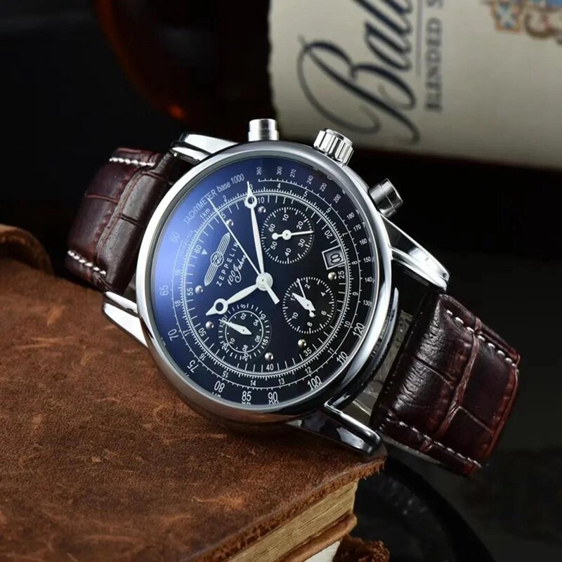 Luxury men's watch Zeppelin series fashionable three-eye multi-function chronograph genuine leather Quartz watch Zeppelin