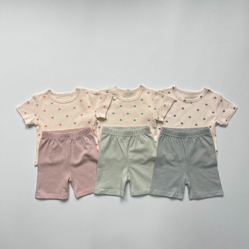Summer New Boy Girl Baby Love Print T-shirt Suit Kid Ribbed Cotton Short Sleeve Tops + Solid Pants 2pcs Children Casual Tees Set
