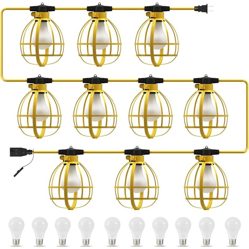 String Lights, 10 Medium Base Sockets, Linkable Jobsite Lights, Weatherproof Temporary Lighting Indoor&Outdoor100FT