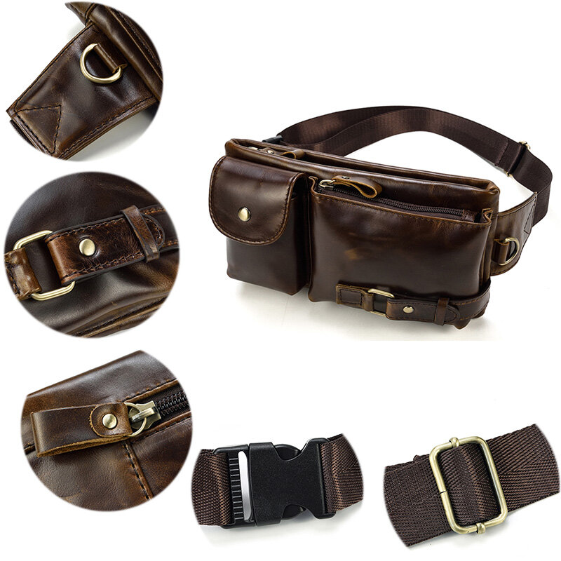 Casual Genuine Leather Man Waist Pack Fanny Pack Belt Bag Phone Pouch Sporty Small Crossbody Bag Travel Chest Pack for Biker