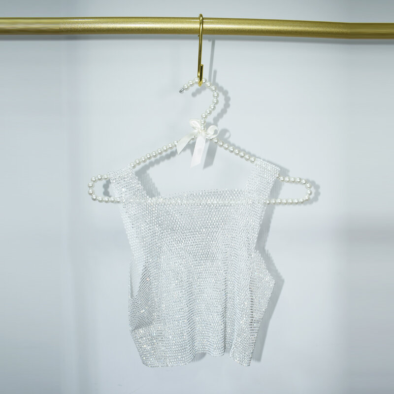 Leqoel-Pantalones ahuecados con diamantes de imitación para mujer, conjunto de malla brillante con Top, chaleco pequeño, Sexy, Verano