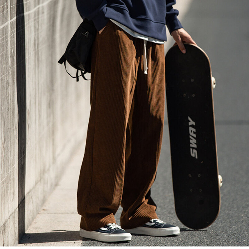 Celana Joger lurus longgar pria, bawahan olahraga kasual pinggang elastis Streetwear Musim Semi
