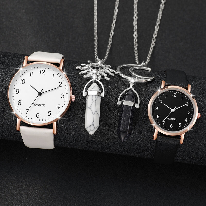 男性と女性のための革のクォーツ時計,ユニセックスの時計,月と太陽のネックレスのセット,カップルのファッション,セットあたり4個