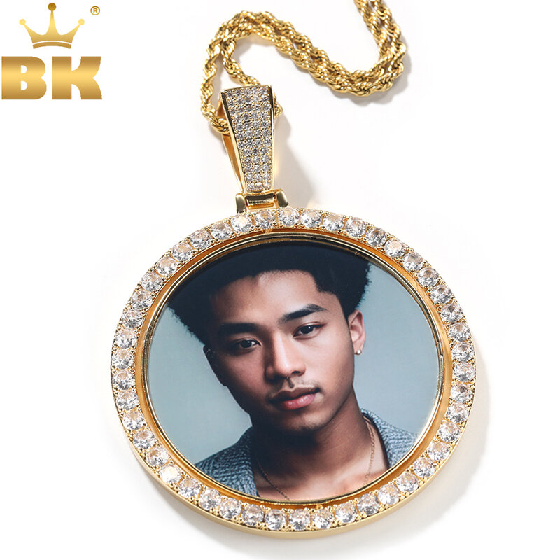 THE BLING KING Custom Oversize Round Spin Photo Memory Pendant DIY Two Pic Medallions Necklace Hiphop Jewelry For Family Gift
