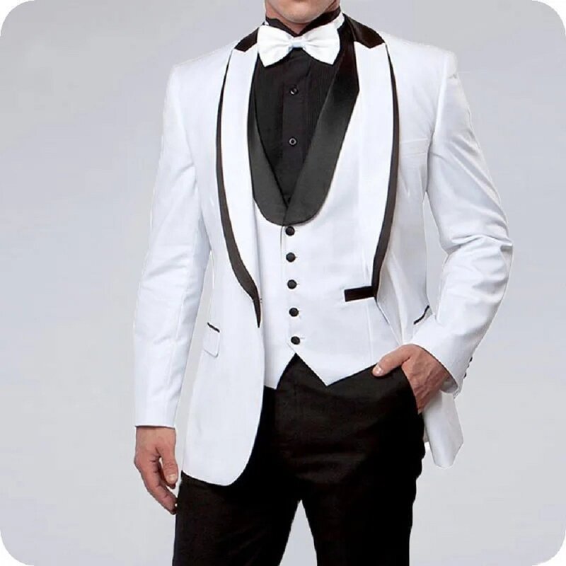 Setelan pernikahan pria, jas pria putih untuk pernikahan pengantin pria hitam kerah Slim Fit Formal Prom kustom Blazer Tuxedo Pria Terbaik 3 buah