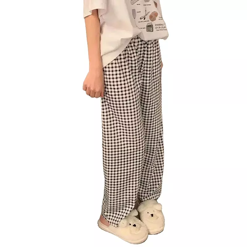Pijama xadrez estilo coreano feminino, fundo do sono, comprimento do tornozelo, elástico na cintura, roupa de dormir, quarto de casa, verão