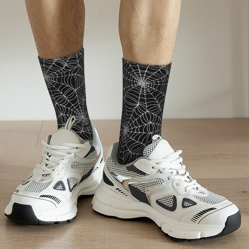 Funny Crazy Sock for Men Spider Web White On Black By Cecca Vintage Quality Pattern Printed Crew Sock Seamless Gift