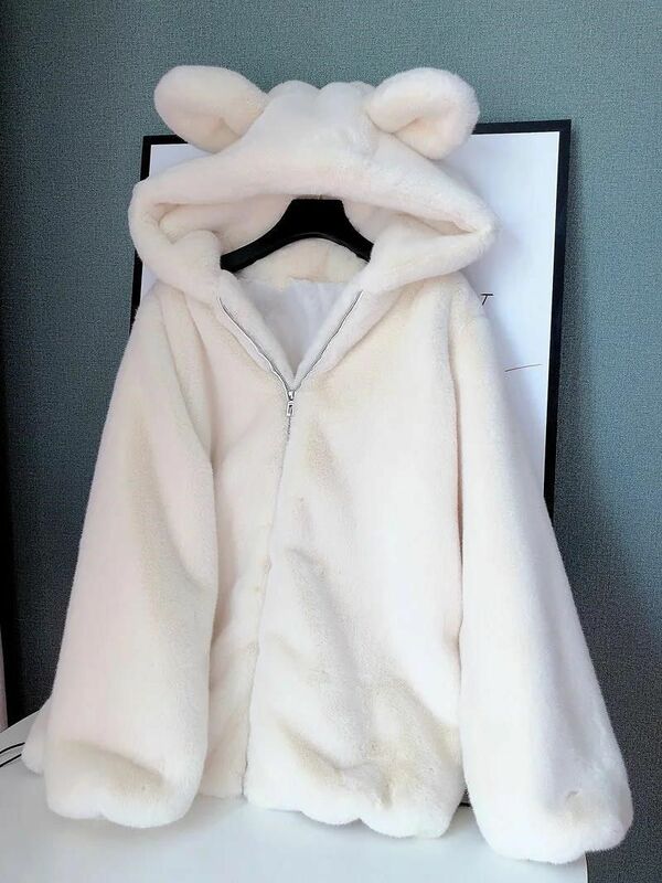 귀여운 곰 귀 파카 코튼 패딩 벨벳 따뜻한 재킷, 여성 스위트 루즈 밍크 퍼 후드 중간 길이 코트, 겨울 신상