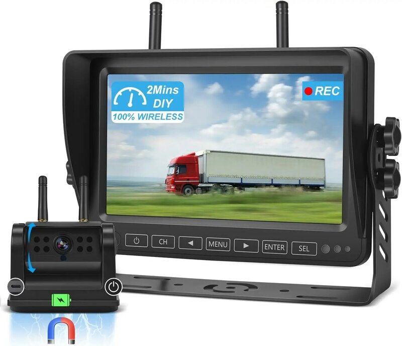 Magnetic Wireless Backup Camera with 7-inch Monitor HD 7600mAH Wireless RV/Truck Camera System IP68 Waterproof IR Night Vision
