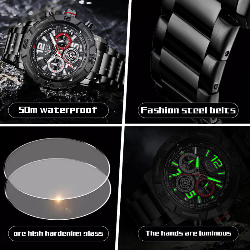 Lige-メンズステンレススチールクォーツ腕時計、メンズ腕時計、発光クロノグラフ、ビジネス、高級、スポーツ、男性