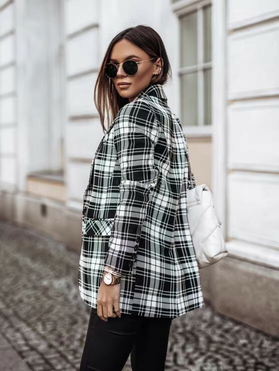 Women's New Long sleeved Double breasted Suit Plaid Coat Loose and Personalized Versatile Commuter Clothing