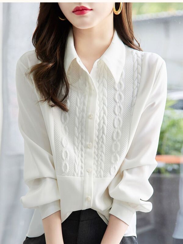 Camisa de manga comprida com temperamento glamoroso para mulheres, blusa branca, novo design de retalhas, primavera e outono 2022
