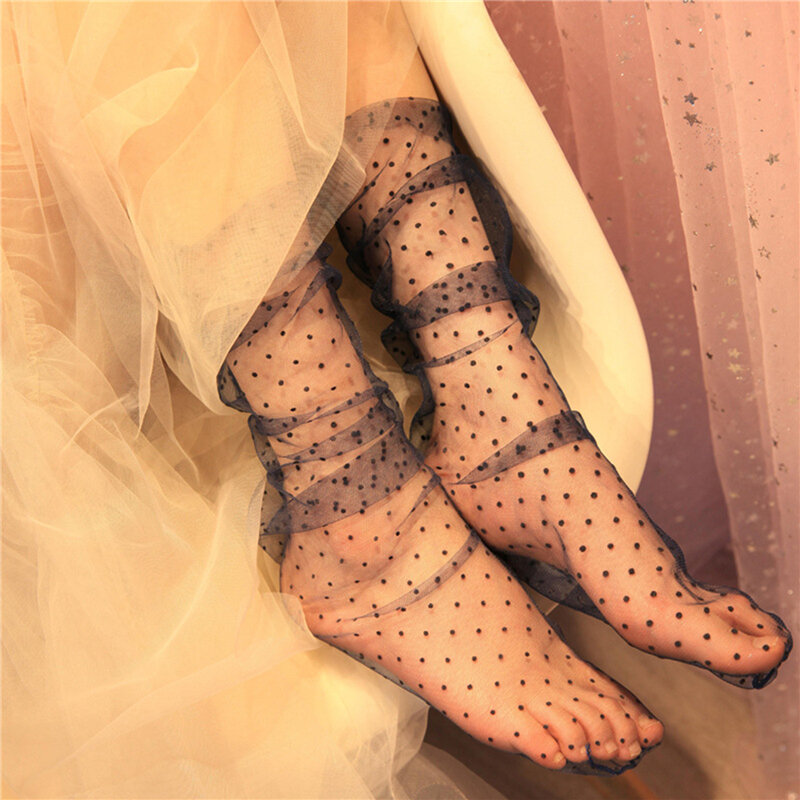 Kaus kaki renda bintik-bintik seksi wanita kaus kaki pergelangan kaki jala transparan wanita kaus kaki kain Tule putri ultra-tipis wanita Streetwear Calcetines 1 pasang