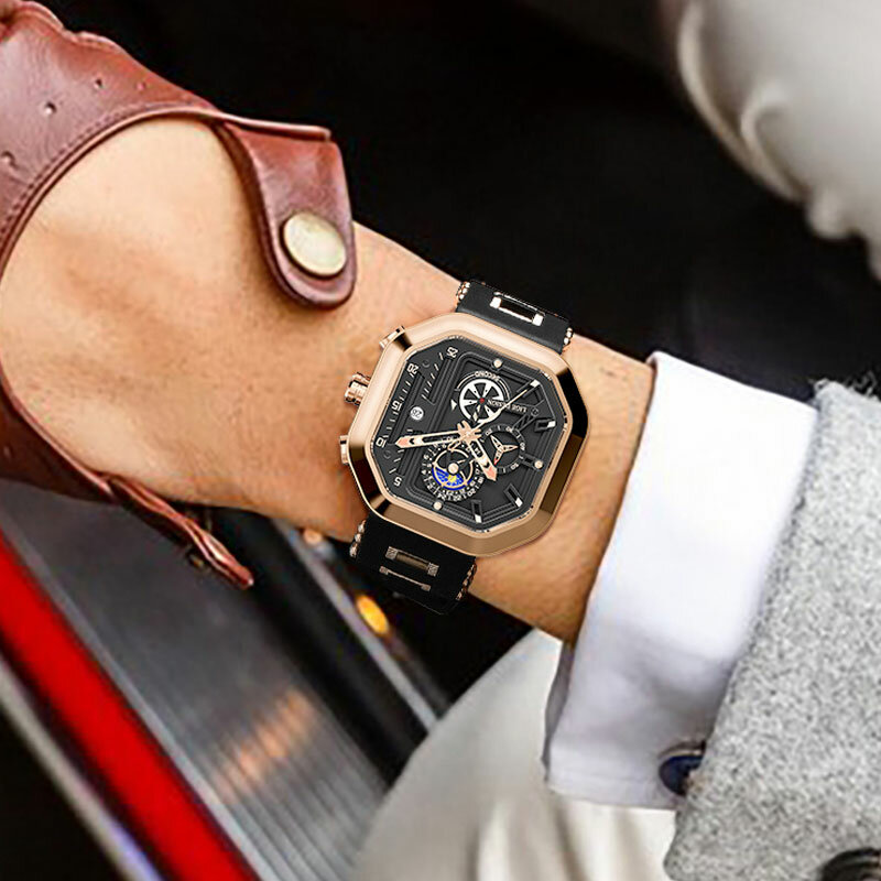 LIGE jam tangan silikon pria, tombol penyetel persegi mewah olahraga tahan air kronograf kuarsa