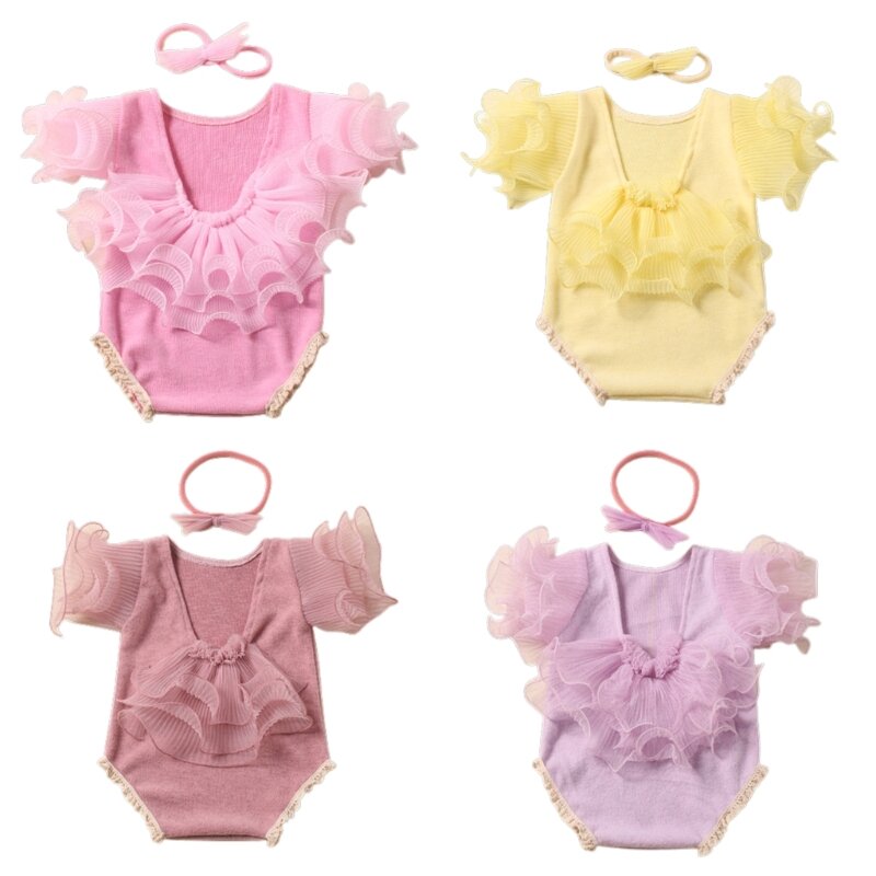 Infant Photography Props Romper Bowknot Headwear Baby Photo Suit Photoshooting Clothes Newborn Shower Gift 2pcs