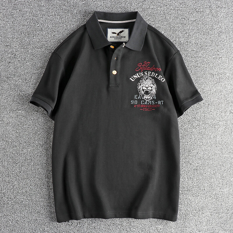 Polo Retro americano de manga corta para hombre, camiseta con solapa y bordado de animales, Tops informales de negocios lavados simples, novedad de verano, 550