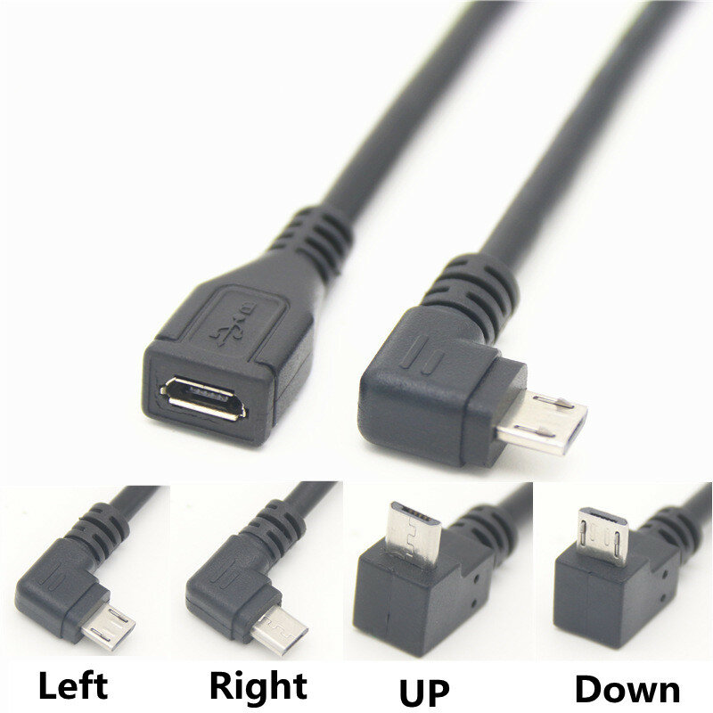 Macho para fêmea Micro cabo de extensão, cima e baixo, esquerda e direita, USB 2.0, 90 graus
