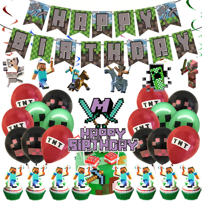 Bergmann Handwerk Pixel Spiel Party liefert Einweg geschirr Tasse Platte Tischdecke Kuchen Topper Ornament Ballon Baby party