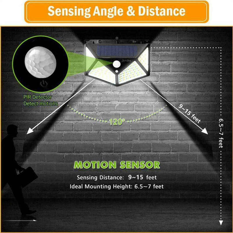 최신 야외 100LED 벽 램프 3 모드 조명, 모션 센서 보안 무선 방수 조명 정원 장식