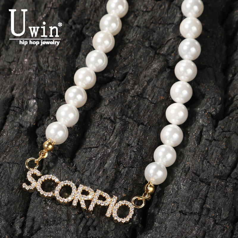 Индивидуальное ожерелье Uwin с именем на заказ, мини-буквы с жемчужной цепочкой, 8 мм, 14 дюймов, кубический цирконий, модные ювелирные украшения в стиле хип-хоп