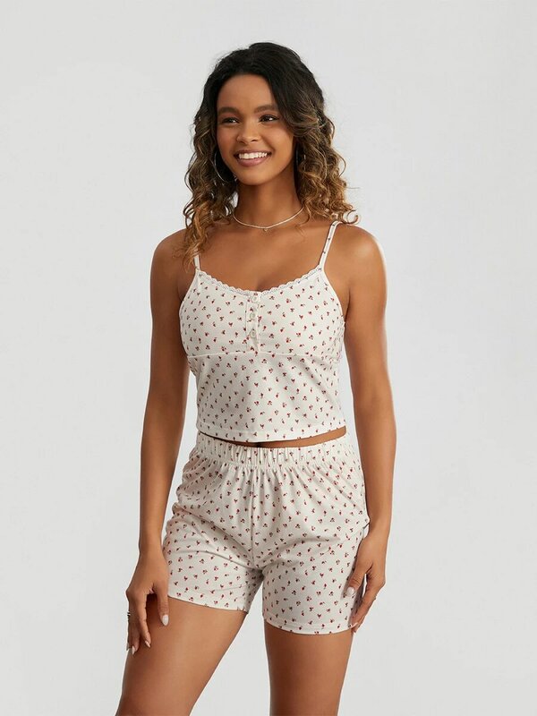 Women’s Two Piece Pajamas Set Sleeveless Button Front Floral Cami Tops and Shorts Set Loungewear