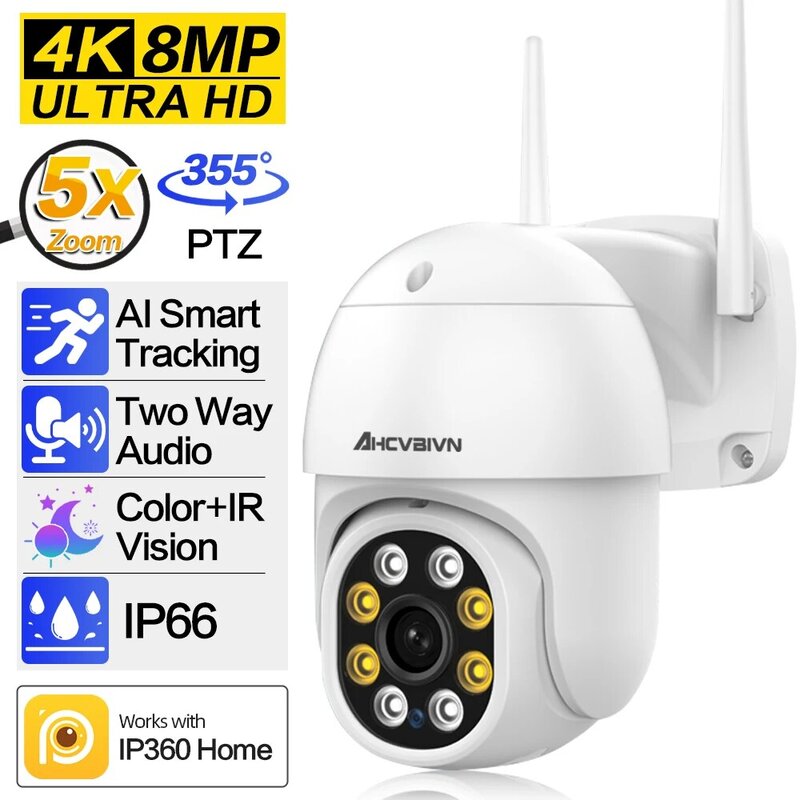 Caméra de surveillance extérieure IP WiFi HD 8MP/4K, dispositif de sécurité sans fil, avec suivi automatique, détection humaine IA, audio bidirectionnel, IPC360, pour la maison