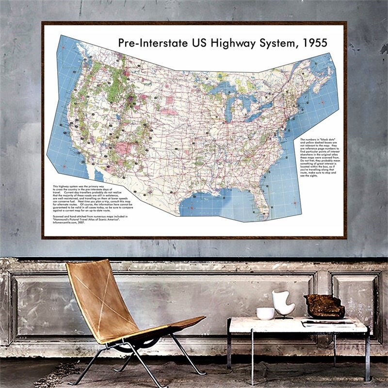 العالم خريطة الحائط A2 قبل الطريق السريع الولايات المتحدة نظام الطريق السريع 1955 ورق حائط الطبعة الكلاسيكية خريطة العالم ملصق للتعليم مكتب ديكور