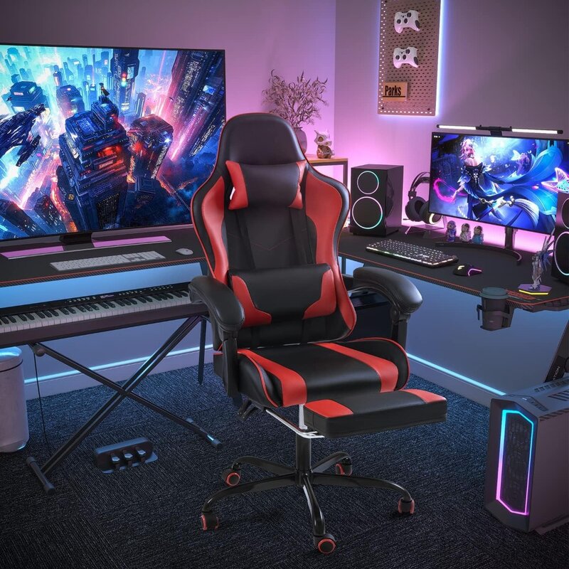 Gaming Chair with Footrest and Massage Lumbar Support with 360°Swivel and Headrest for Office or Bedroom