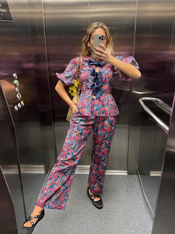 HIGH STREET 2024 Summer New Printed Puff Sleeves Top 2 Piece Set For Women Fashion Lace Up Ruffled Shirt Pants Suits Office Lady