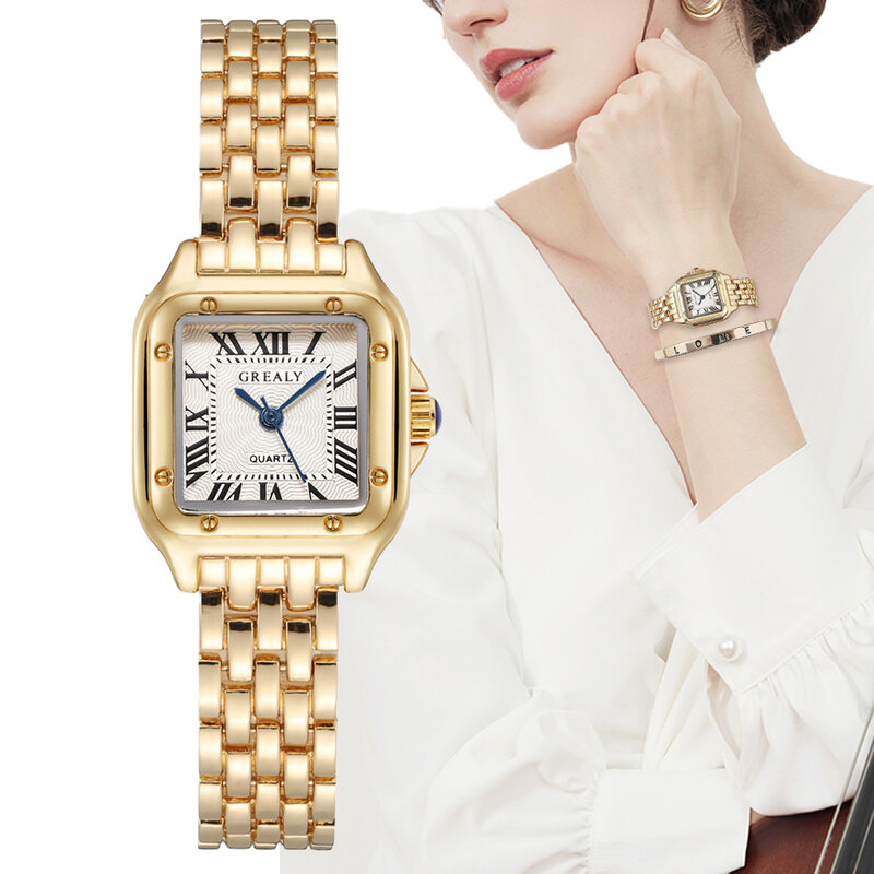 Часы наручные женские кварцевые с квадратным циферблатом, модные роскошные качественные, с ремешком из золотого сплава, с римскими шкалами, 2024