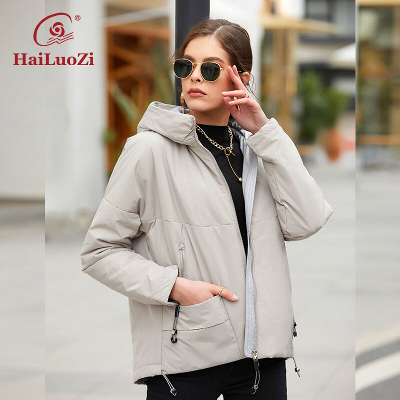 HaiLuoZi 2022 새로운 여성 자 켓 봄 여성 캐주얼 짧은 코트 패션 Splicing 따뜻한 브랜드 여성 두건 된 바이오 코 튼 파커 7871